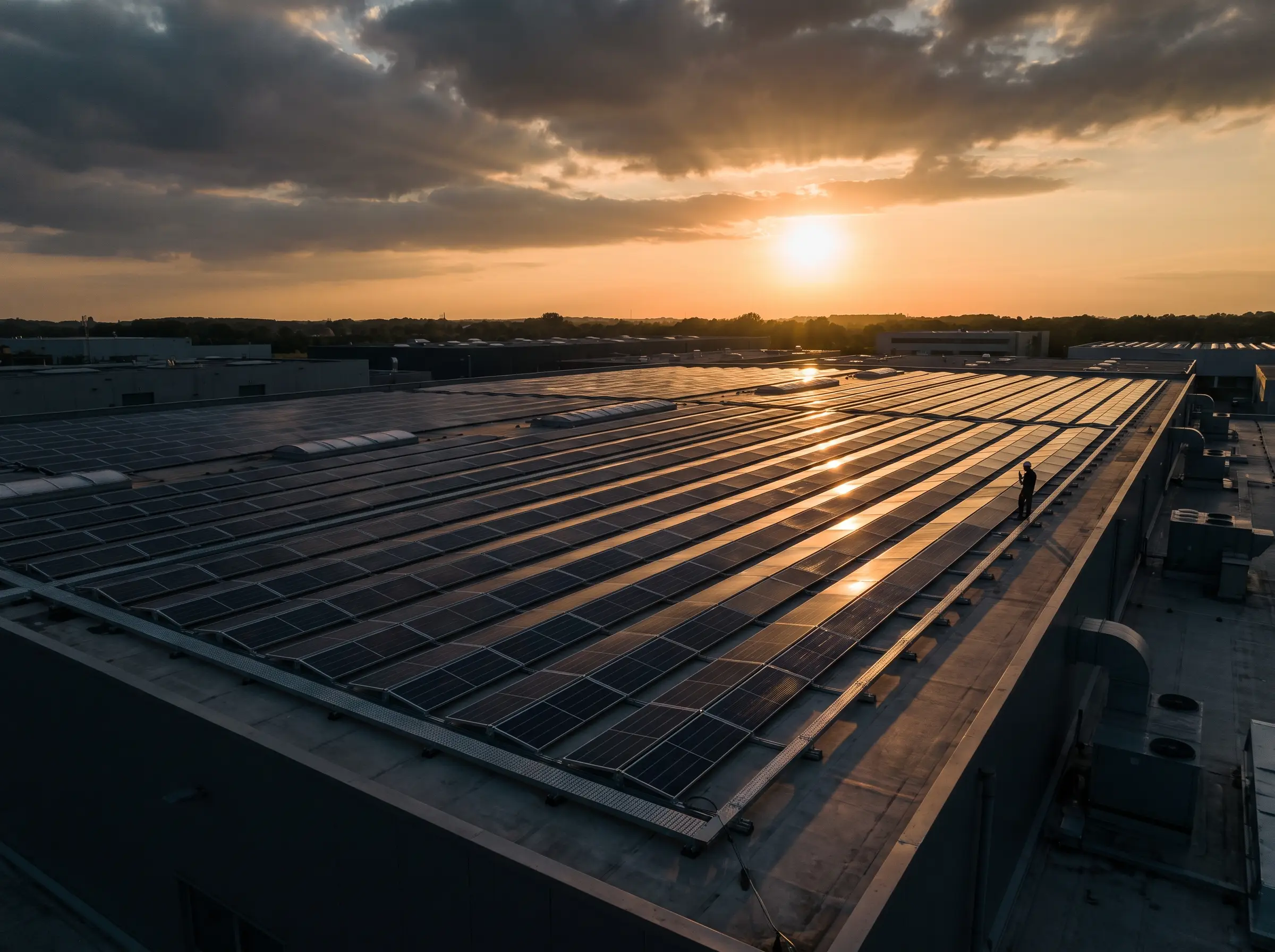 Große Photovoltaik-Anlage auf einem Gewerbedach im Sonnenuntergang